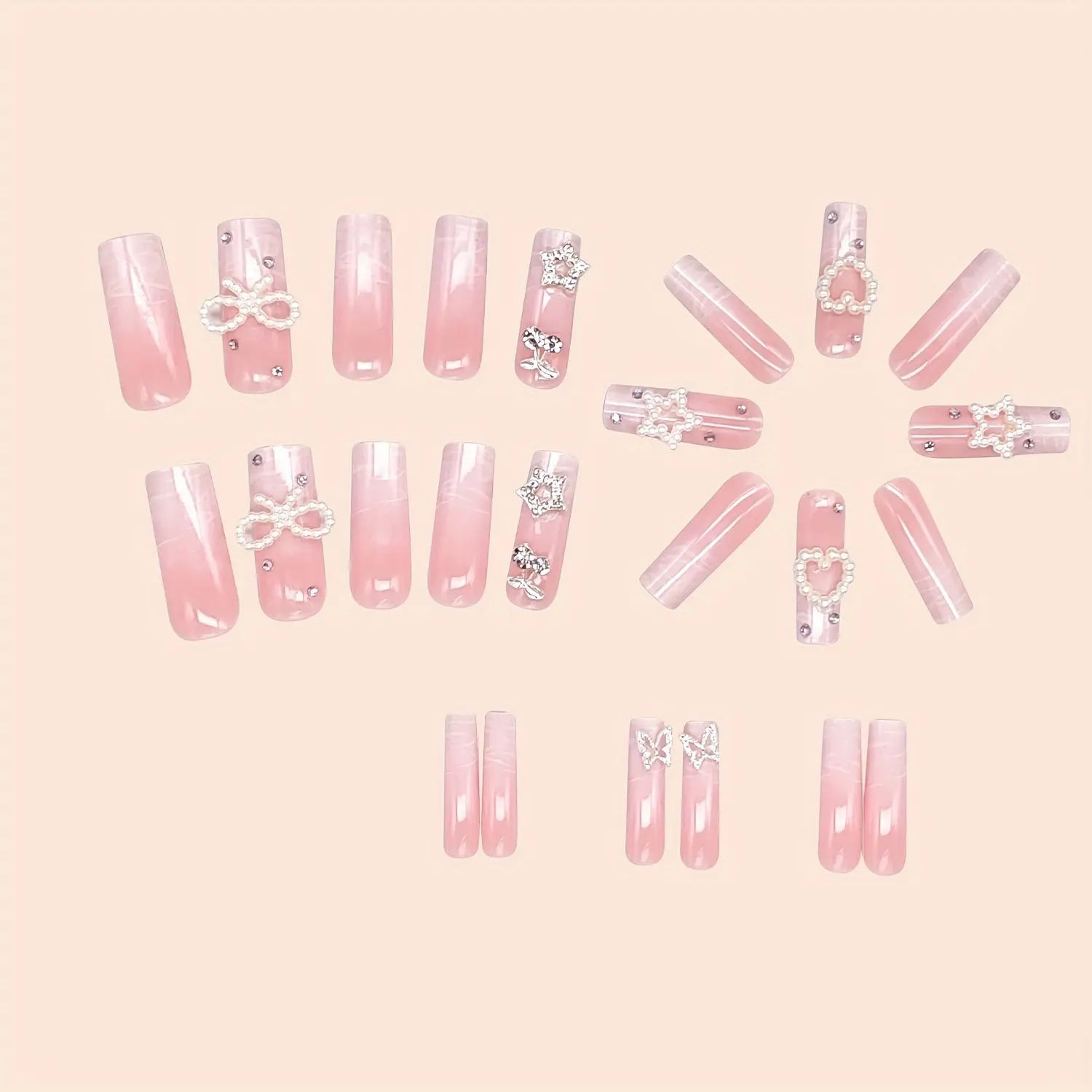 Long Square Pearls Nails-24 Pcs Y2K Fashion