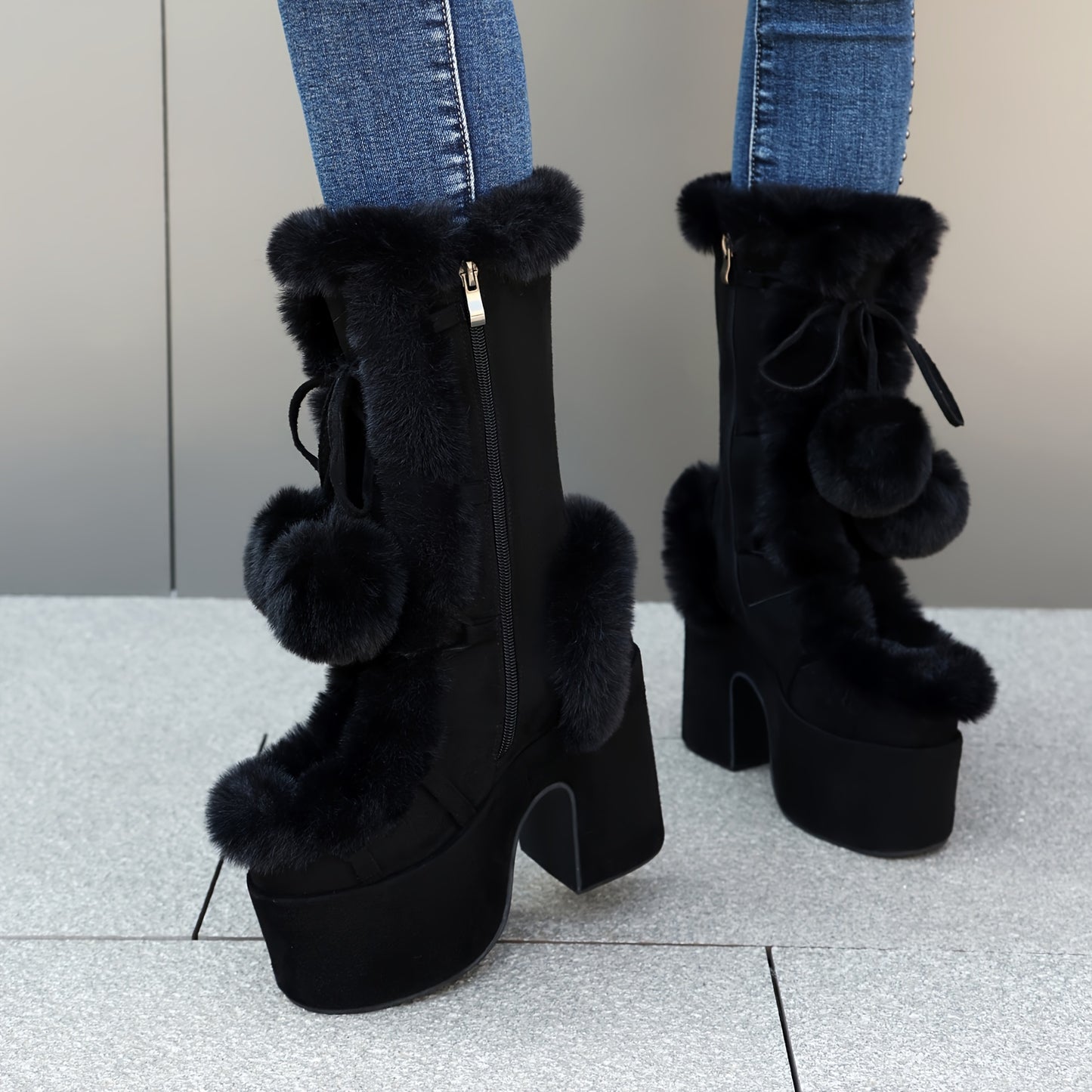 Lora Fluffy Boots Platform Chunky Heels-Y2K Boots