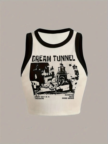 Letter Print Crew Neck Tank Top Y2K Fashion