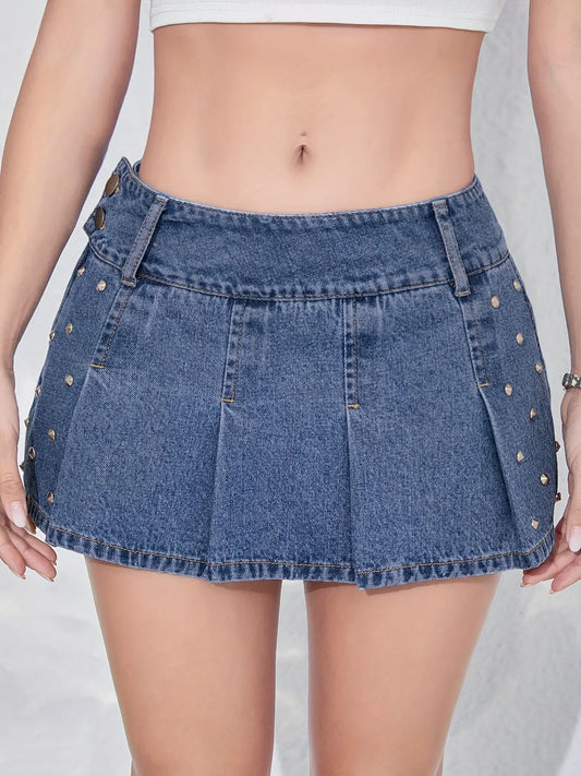 Low Rise Pleated Denim Mini Skirt Y2K Fashion