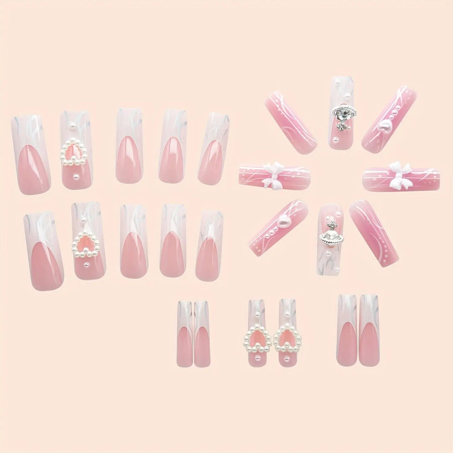 Long Glossy Pink Ballerina Nails-24 Pcs Y2K Fashion