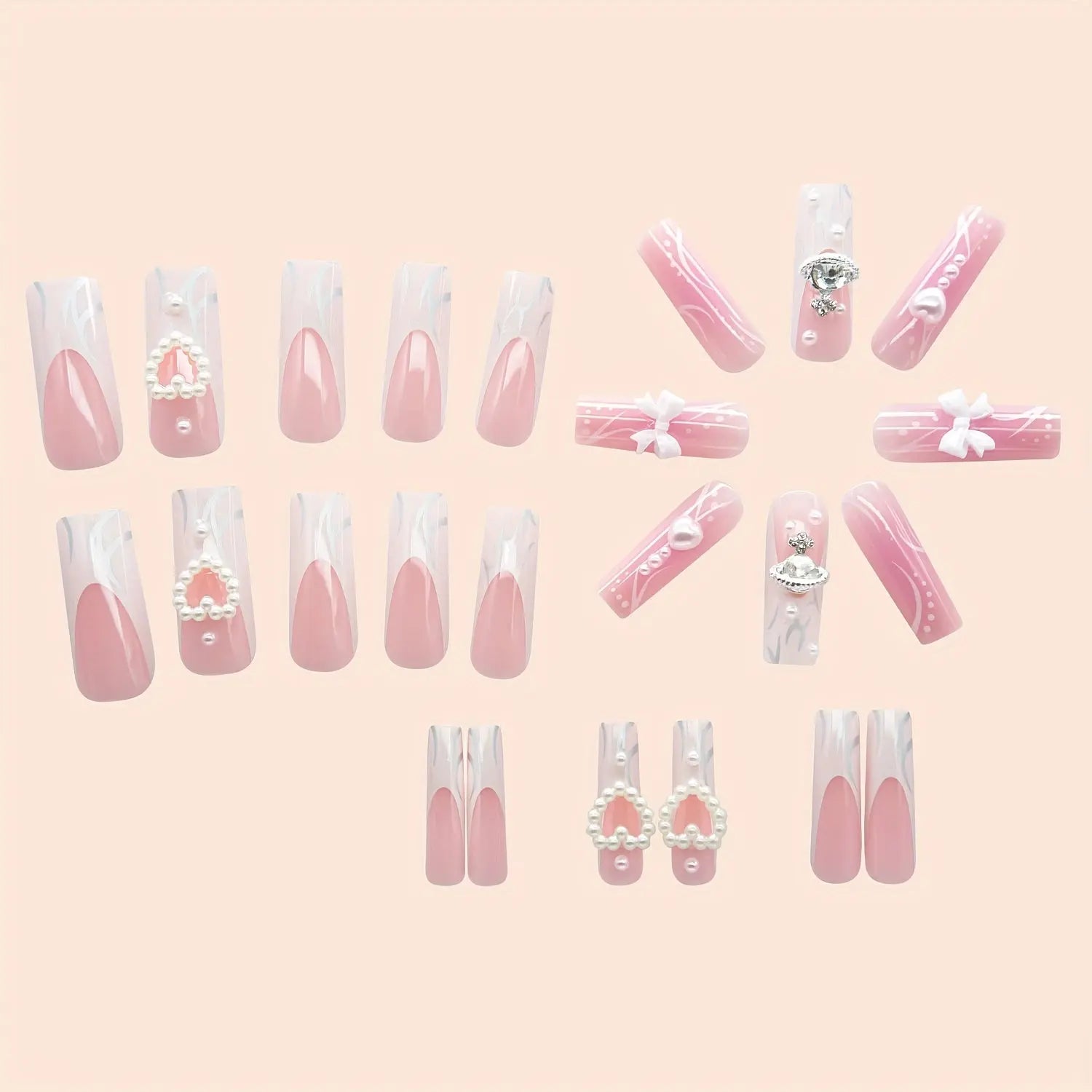 Long Glossy Pink Ballerina Nails-24 Pcs Y2K Fashion