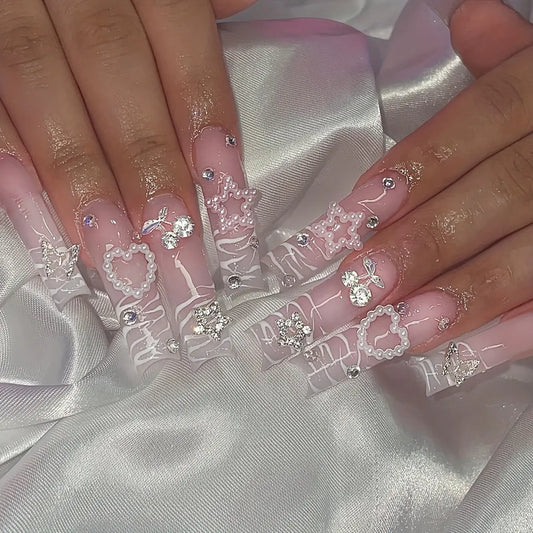 Long Square Pearls Nails-24 Pcs Y2K Fashion