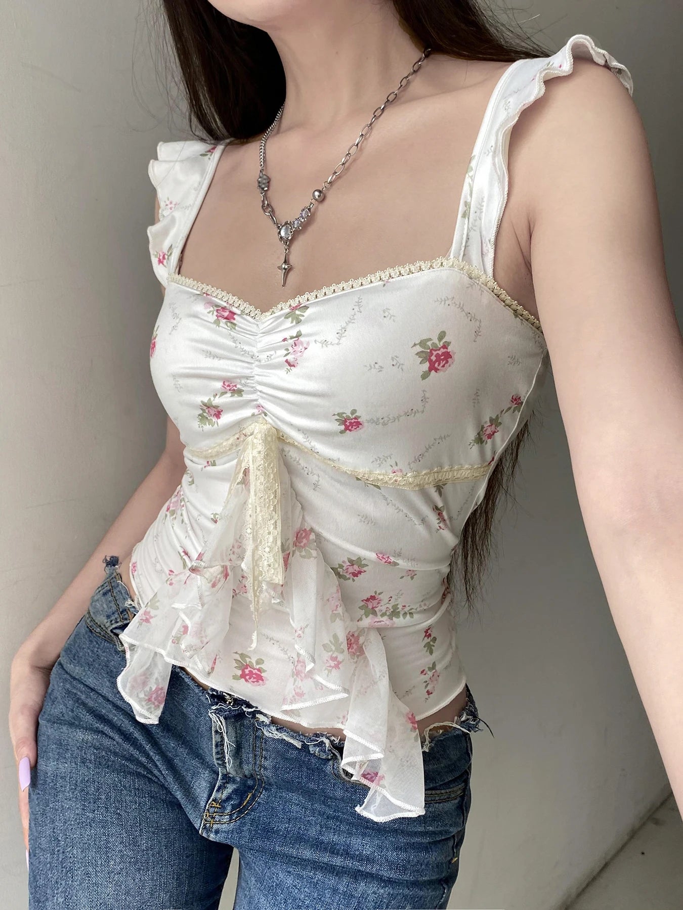 Vintage Floral Ruffle Tank Top