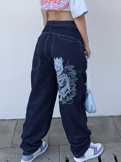 Dragon Print High-Waisted Jeans Y2K Fashion