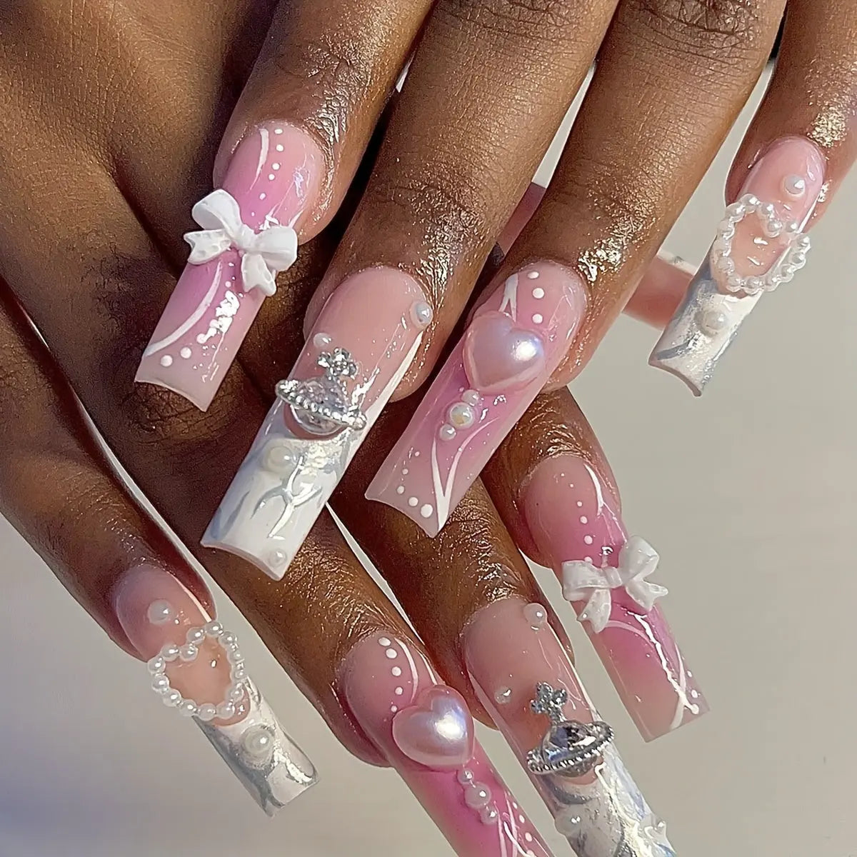 Long Glossy Pink Ballerina Nails-24 Pcs Y2K Fashion